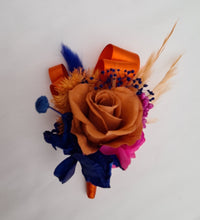 Load image into Gallery viewer, Pearl bracelet preserved flowers orange, fuchsia &amp; blue corsage and buttonhole set AB2143 - School formal, prom, graduation
