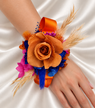 Load image into Gallery viewer, Pearl bracelet preserved flowers orange, fuchsia &amp; blue corsage and buttonhole set AB2143 - School formal, prom, graduation
