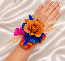 Load image into Gallery viewer, Pearl bracelet preserved flowers orange, fuchsia &amp; blue corsage and buttonhole set AB2143 - School formal, prom, graduation
