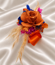 Load image into Gallery viewer, Pearl bracelet preserved flowers orange, fuchsia &amp; blue corsage and buttonhole set AB2143 - School formal, prom, graduation
