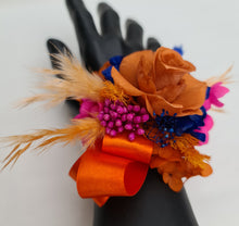 Load image into Gallery viewer, Pearl bracelet preserved flowers orange, fuchsia &amp; blue corsage and buttonhole set AB2143 - School formal, prom, graduation
