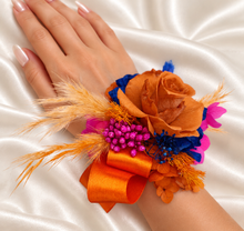 Load image into Gallery viewer, Pearl bracelet preserved flowers orange, fuchsia &amp; blue corsage and buttonhole set AB2143 - School formal, prom, graduation
