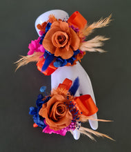 Load image into Gallery viewer, Pearl bracelet preserved flowers orange, fuchsia &amp; blue corsage and buttonhole set AB2143 - School formal, prom, graduation
