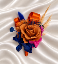 Load image into Gallery viewer, Pearl bracelet preserved flowers orange, fuchsia &amp; blue corsage and buttonhole set AB2143 - School formal, prom, graduation
