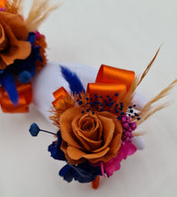 Load image into Gallery viewer, Pearl bracelet preserved flowers orange, fuchsia &amp; blue corsage and buttonhole set AB2143 - School formal, prom, graduation
