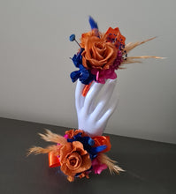 Load image into Gallery viewer, Pearl bracelet preserved flowers orange, fuchsia &amp; blue corsage and buttonhole set AB2143 - School formal, prom, graduation
