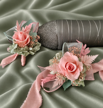 Load image into Gallery viewer, Sage and pink / peach preserved flowers corsage &amp; buttonhole AB2152 - School formal, prom, graduation
