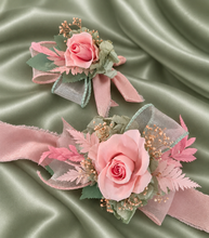 Load image into Gallery viewer, Sage and pink / peach preserved flowers corsage &amp; buttonhole AB2152 - School formal, prom, graduation
