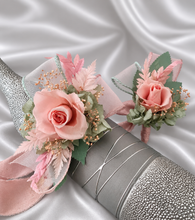 Load image into Gallery viewer, Sage and pink / peach preserved flowers corsage &amp; buttonhole AB2152 - School formal, prom, graduation
