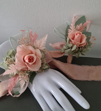 Load image into Gallery viewer, Sage and pink / peach preserved flowers corsage &amp; buttonhole AB2152 - School formal, prom, graduation
