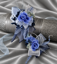 Load image into Gallery viewer, Blue shades preserved flowers corsage &amp; buttonhole AB2154 - School formal, prom, graduation
