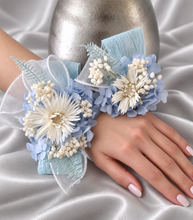 Load image into Gallery viewer, Blue &amp; white preserved flowers corsage &amp; buttonhole AB2157 - School formal, prom, graduation
