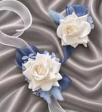 Load image into Gallery viewer, Shades of blue &amp; white everlasting flowers corsage &amp; buttonhole AB2161 - School formal, prom, graduation
