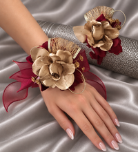 Load image into Gallery viewer, Burgundy and gold everlasting flowers corsage &amp; buttonhole AB2166 - School formal, prom, graduation
