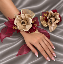 Load image into Gallery viewer, Burgundy and gold everlasting flowers corsage &amp; buttonhole AB2166 - School formal, prom, graduation
