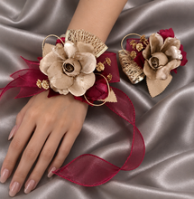 Load image into Gallery viewer, Burgundy and gold everlasting flowers corsage &amp; buttonhole AB2166 - School formal, prom, graduation
