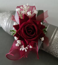 Load image into Gallery viewer, Burgundy, green and white everlasting flowers corsage AB2169 - School formal, prom, graduation
