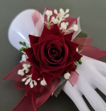 Load image into Gallery viewer, Burgundy, green and white everlasting flowers corsage AB2169 - School formal, prom, graduation
