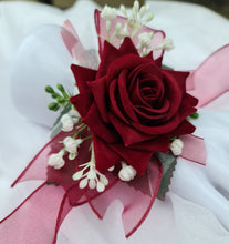 Load image into Gallery viewer, Burgundy, green and white everlasting flowers corsage AB2169 - School formal, prom, graduation

