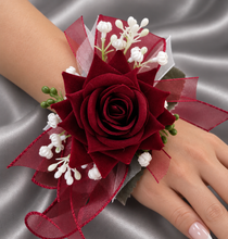 Load image into Gallery viewer, Burgundy, green and white everlasting flowers corsage AB2169 - School formal, prom, graduation
