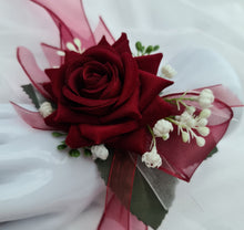 Load image into Gallery viewer, Burgundy, green and white everlasting flowers corsage AB2169 - School formal, prom, graduation
