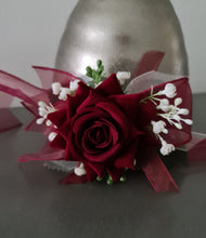 Load image into Gallery viewer, Burgundy, green and white everlasting flowers corsage AB2169 - School formal, prom, graduation
