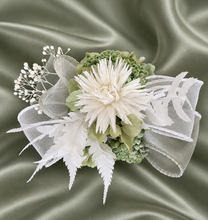 Load image into Gallery viewer, Sage &amp; white preserved flowers corsage AB2171 - School formal, prom, graduation
