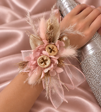 Load image into Gallery viewer, Blush &amp; gold gum pod everlasting flowers corsage AB2173 - School formal, prom, graduation
