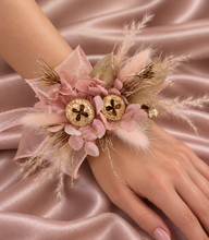 Load image into Gallery viewer, Blush &amp; gold gum pod everlasting flowers corsage AB2173 - School formal, prom, graduation
