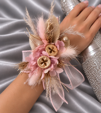 Load image into Gallery viewer, Blush &amp; gold gum pod everlasting flowers corsage AB2173 - School formal, prom, graduation
