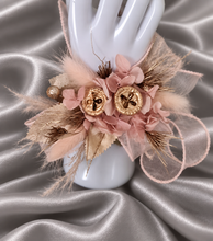 Load image into Gallery viewer, Blush &amp; gold gum pod everlasting flowers corsage AB2173 - School formal, prom, graduation
