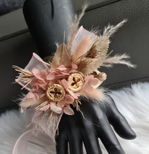 Load image into Gallery viewer, Blush &amp; gold gum pod everlasting flowers corsage AB2173 - School formal, prom, graduation
