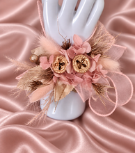 Load image into Gallery viewer, Blush &amp; gold gum pod everlasting flowers corsage AB2173 - School formal, prom, graduation
