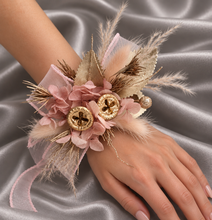 Load image into Gallery viewer, Blush &amp; gold gum pod everlasting flowers corsage AB2173 - School formal, prom, graduation
