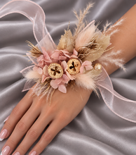 Load image into Gallery viewer, Blush &amp; gold gum pod everlasting flowers corsage AB2173 - School formal, prom, graduation
