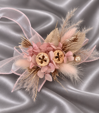 Load image into Gallery viewer, Blush &amp; gold gum pod everlasting flowers corsage AB2173 - School formal, prom, graduation
