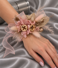 Load image into Gallery viewer, Blush &amp; gold gum pod everlasting flowers corsage AB2173 - School formal, prom, graduation

