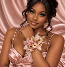 Load image into Gallery viewer, Blush &amp; gold gum pod everlasting flowers corsage AB2173 - School formal, prom, graduation
