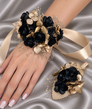 Load image into Gallery viewer, Graceful dainty Gold and black Everlasting flowers corsage &amp; buttonhole set  AB2174 - School formal, prom, graduation
