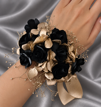 Load image into Gallery viewer, Graceful dainty Gold and black Everlasting flowers corsage &amp; buttonhole set  AB2174 - School formal, prom, graduation
