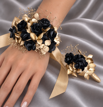 Load image into Gallery viewer, Graceful dainty Gold and black Everlasting flowers corsage &amp; buttonhole set  AB2174 - School formal, prom, graduation
