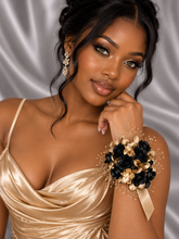 Load image into Gallery viewer, Graceful dainty Gold and black Everlasting flowers corsage &amp; buttonhole set  AB2174 - School formal, prom, graduation
