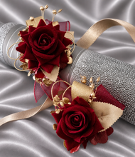 Load image into Gallery viewer, Burgundy and gold everlasting flowers corsage &amp; buttonhole AB2176 - School formal, prom, graduation
