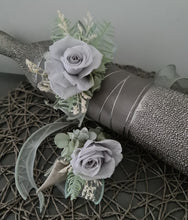 Load image into Gallery viewer, Gray and sage green preserved flowers corsage &amp; buttonhole AB2177 - School formal, prom, graduation
