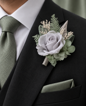 Load image into Gallery viewer, Gray and sage green preserved flowers corsage &amp; buttonhole AB2177 - School formal, prom, graduation
