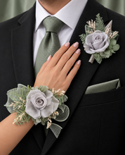 Load image into Gallery viewer, Gray and sage green preserved flowers corsage &amp; buttonhole AB2177 - School formal, prom, graduation
