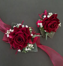 Load image into Gallery viewer, Burgundy, green and white corsage &amp; buttonhole AB2178 - School formal, prom, graduation
