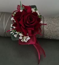 Load image into Gallery viewer, Burgundy, green and white corsage &amp; buttonhole AB2178 - School formal, prom, graduation
