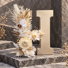 Load image into Gallery viewer, Preserved Everlasting flowers letter H - 15cm -  White &amp;  Antique Gold

