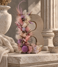 Load image into Gallery viewer, Preserved Everlasting flowers letter B - 15cm - Gold &amp; purple
